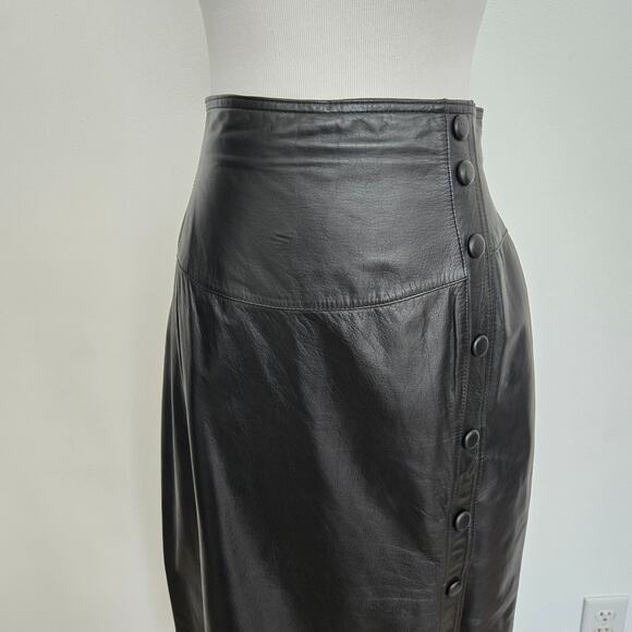 Vintage 90s Wilson's Leather Women Baddie Midi Skirt Snap Front Edgy Black Large - Picture 5 of 12